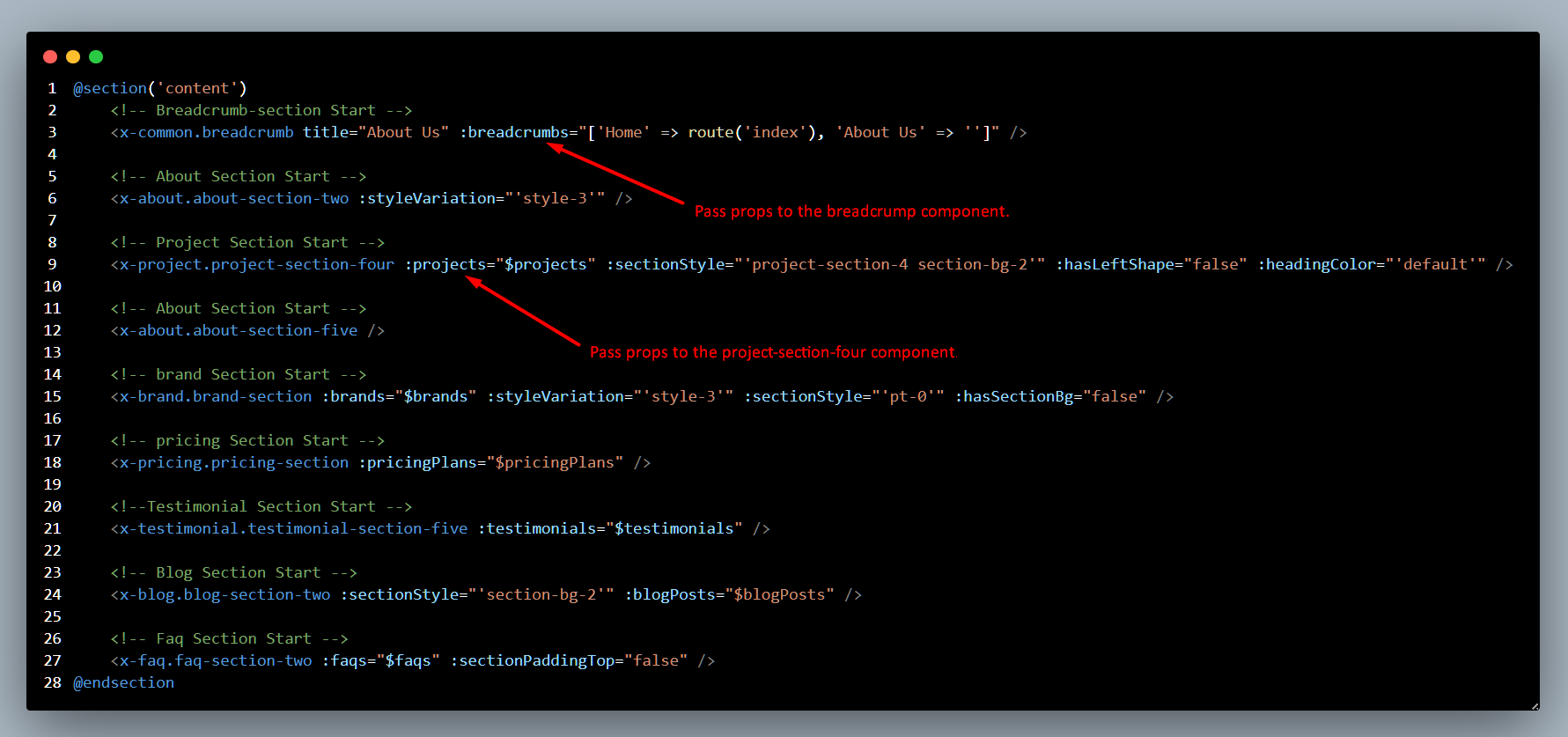 Props by component screenshot