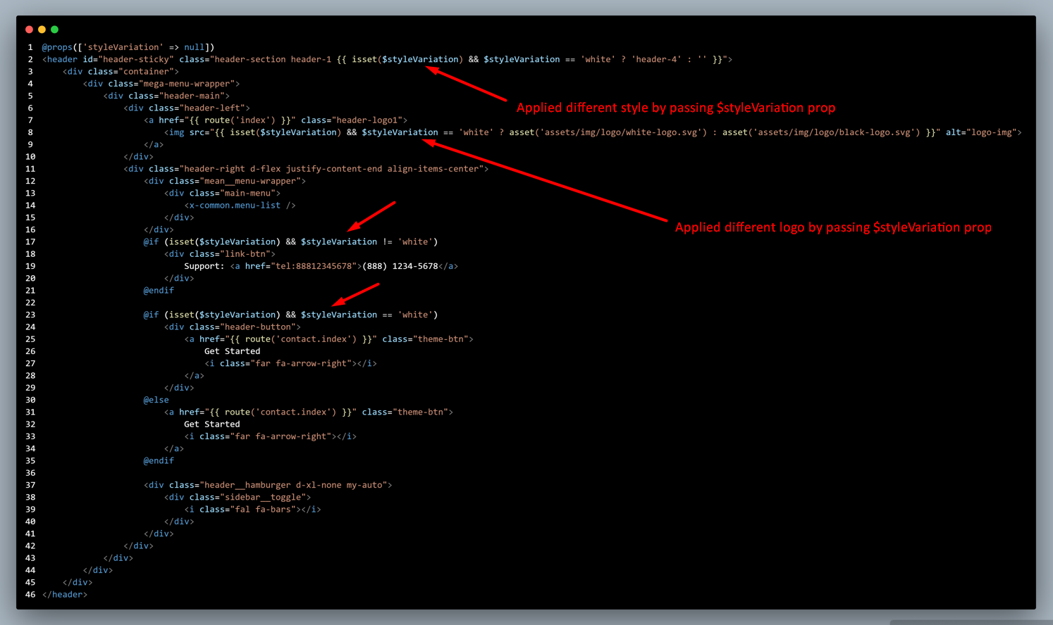 Props by component screenshot